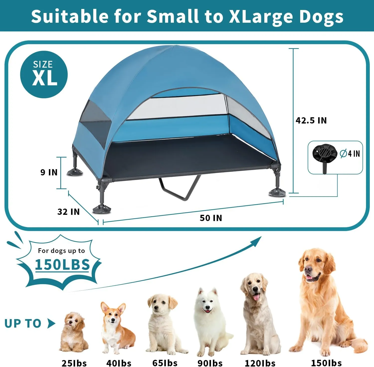 Elevated Dog Bed with Canopy, Raised Outdoor Dog Cot with Stable Anti-Slip Feet, Pet Bed with Removable Canopy Shade Tent, Dog Bed for Indoor Outdoor (Blue, 50.0" L x 32.0" W x 42.5" Th)