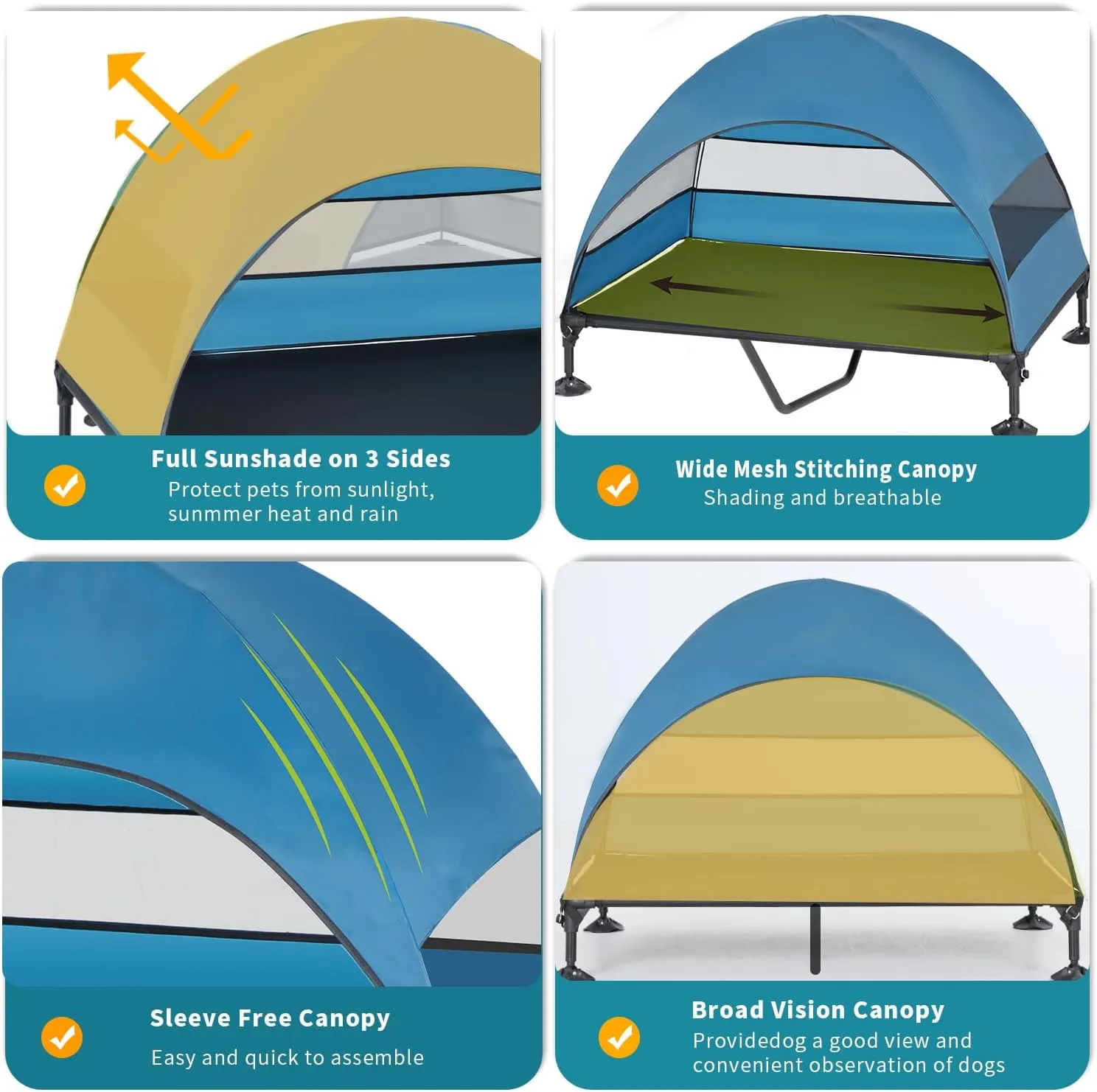 Elevated Dog Bed with Canopy, Raised Outdoor Dog Cot with Stable Anti-Slip Feet, Pet Bed with Removable Canopy Shade Tent, Dog Bed for Indoor Outdoor (Blue, 50.0" L x 32.0" W x 42.5" Th)