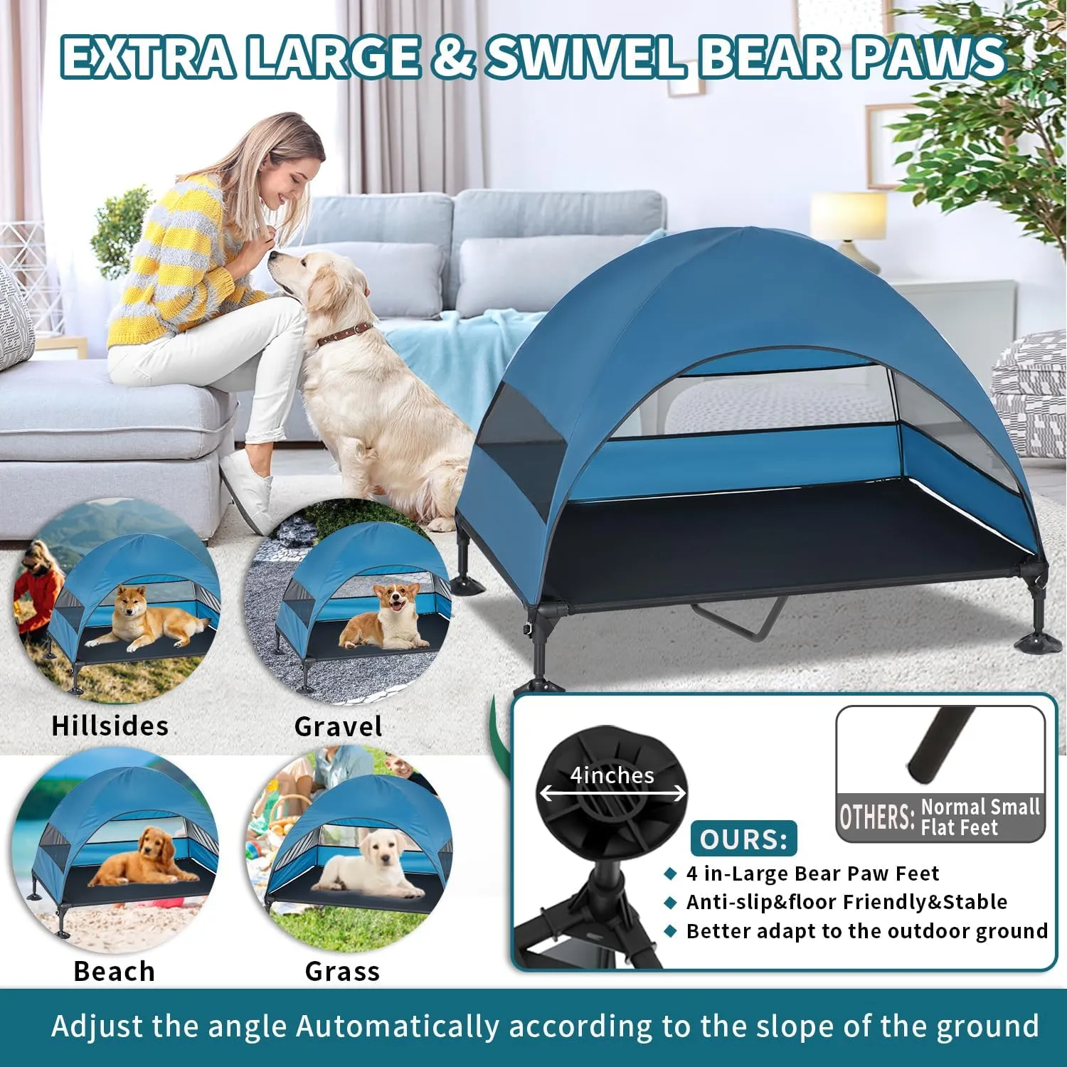 Elevated Dog Bed with Canopy, Raised Outdoor Dog Cot with Stable Anti-Slip Feet, Pet Bed with Removable Canopy Shade Tent, Dog Bed for Indoor Outdoor (Blue, 50.0" L x 32.0" W x 42.5" Th)