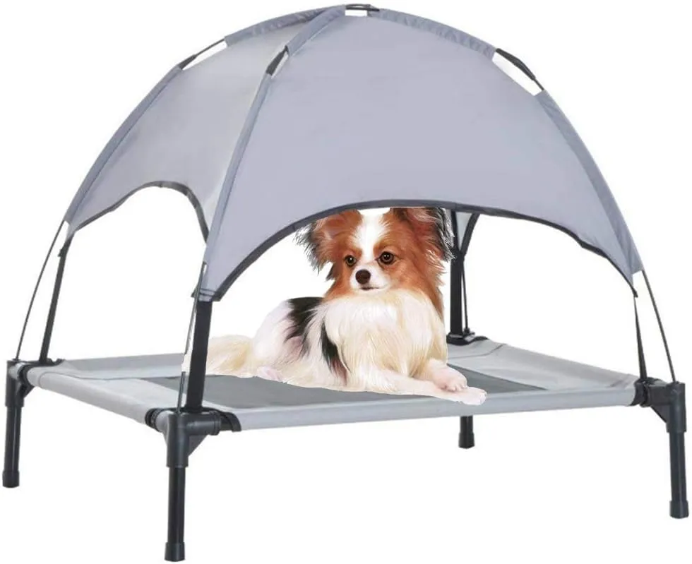 Elevated Dog Bed with Removable Canopy, Outdoor Dog Bed,Portable Raised Pet Cot Cooling Dog Bed for Camping Or Beach,Keep Dogs Cats Cool in Summer, Breathable Fabric Steel Frame,Grey