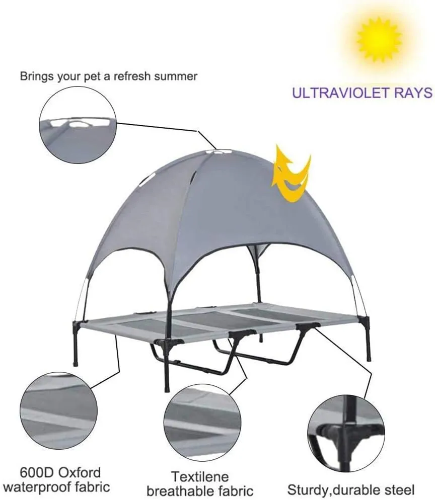 Elevated Dog Bed with Removable Canopy, Outdoor Dog Bed,Portable Raised Pet Cot Cooling Dog Bed for Camping Or Beach,Keep Dogs Cats Cool in Summer, Breathable Fabric Steel Frame,Grey
