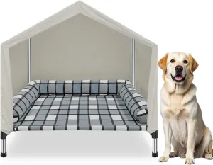 Elevated Dog Pet Bed House - Weatherproof 2-in-1 Indoor Outdoor Pet Cot with Canopy Cooling Portable Raised Dog Bed with Pillow for Camping Beach (DMHK-22)