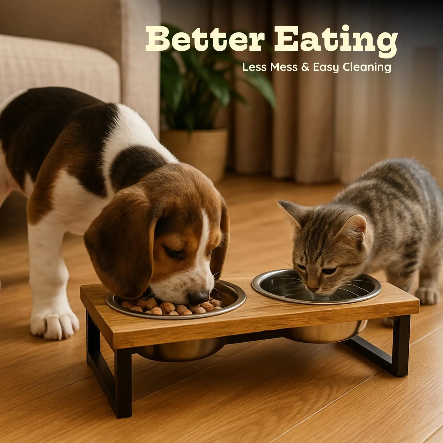 Elevated Mango Wood Dog Bowl Stand 5 inches Tall - Raised Pet Feeder 2 Stainless Steel 1Qt Bowls Dishes, 4Cup/0.95L Capacity Nonslip Cats & Dogs Feeding Station, Medium/32oz