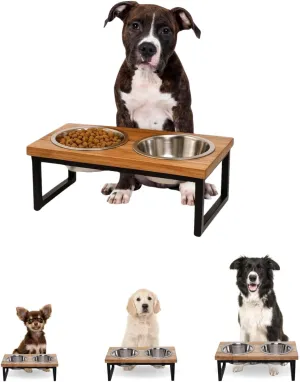 Elevated Mango Wood Dog Bowl Stand 5 inches Tall - Raised Pet Feeder 2 Stainless Steel 1Qt Bowls Dishes, 4Cup/0.95L Capacity Nonslip Cats & Dogs Feeding Station, Medium/32oz