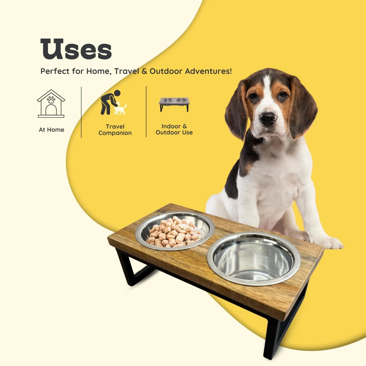 Elevated Mango Wood Dog Bowl Stand 5 inches Tall - Raised Pet Feeder 2 Stainless Steel 1Qt Bowls Dishes, 4Cup/0.95L Capacity Nonslip Cats & Dogs Feeding Station, Medium/32oz