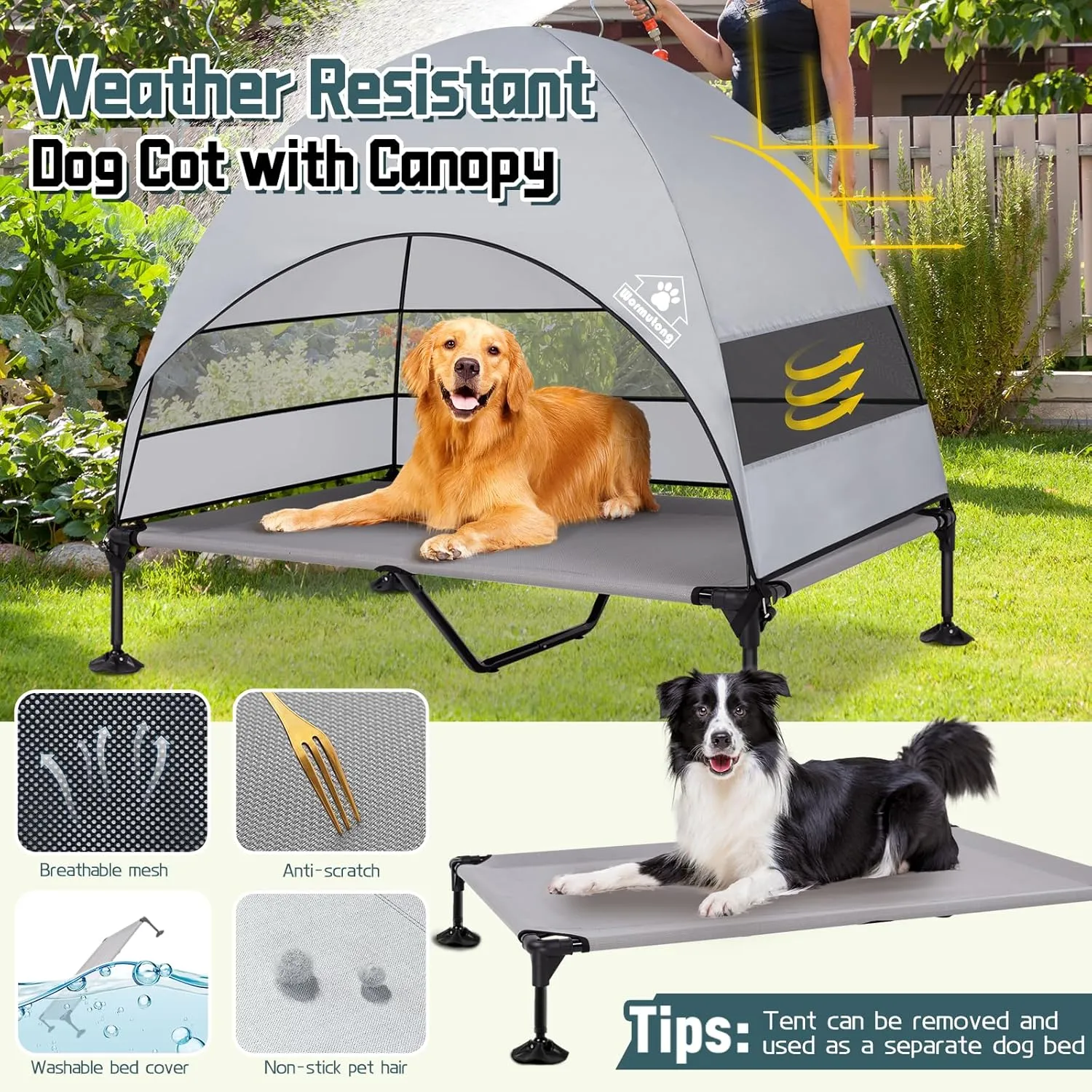 Elevated Outdoor Dog Bed with Canopy, Raised Dog Cot with Stable Adjustable Feet, Dog Camping Bed with Larger Shade, Lifted Dog Tent Bed with Canopy for Outside Camping, Backyard, Patio & Beach