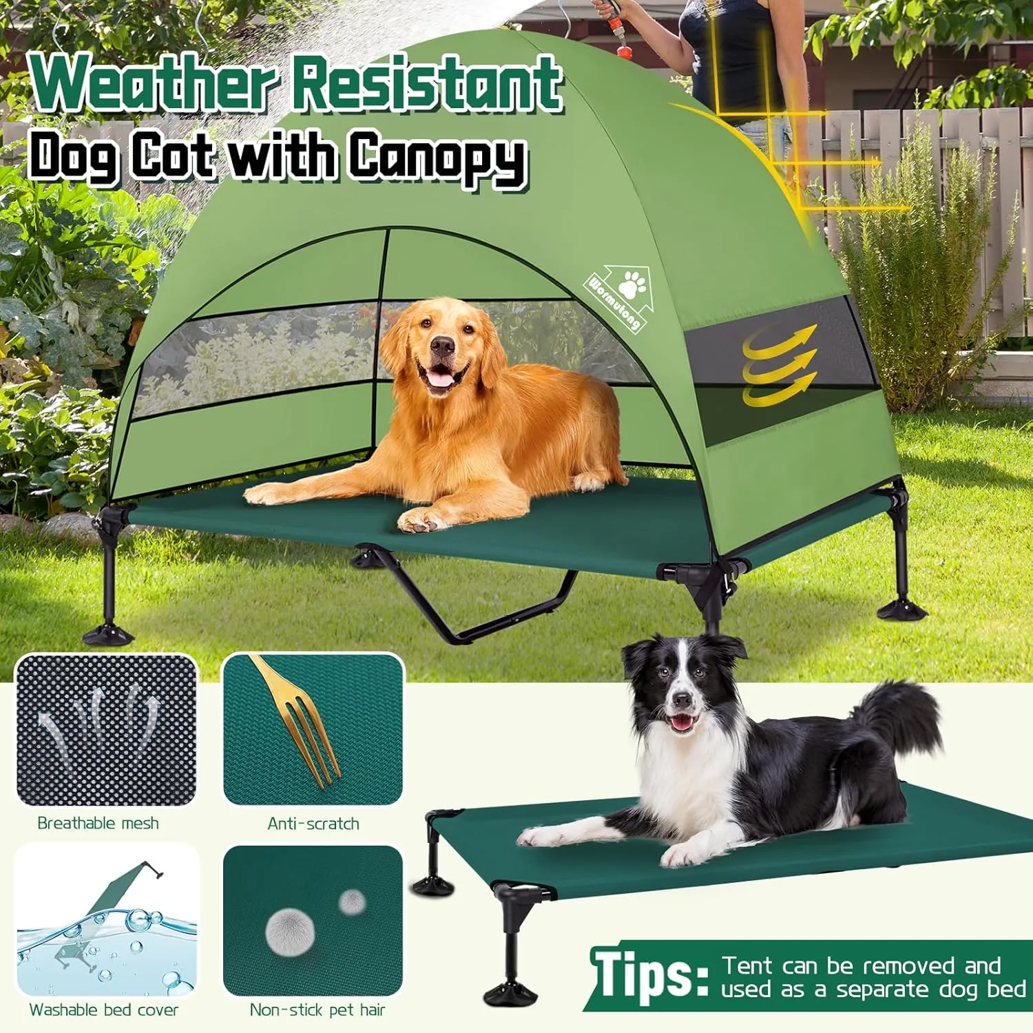 Elevated Outdoor Dog Bed with Canopy, Raised Dog Cot with Stable Adjustable Feet, Dog Camping Bed with Larger Shade, Lifted Dog Tent Bed with Canopy for Outside Camping, Backyard, Patio & Beach