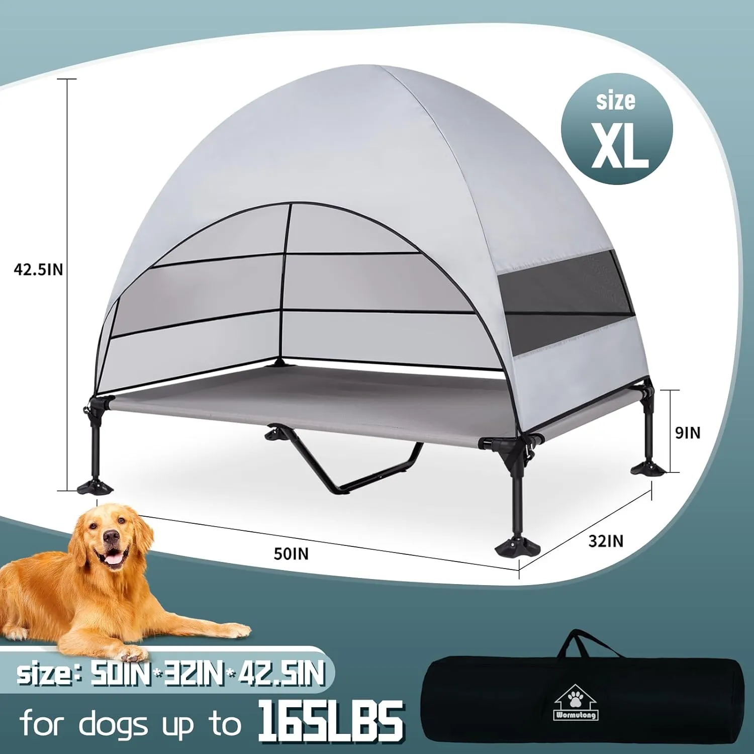 Elevated Outdoor Dog Bed with Canopy, Raised Dog Cot with Stable Adjustable Feet, Dog Camping Bed with Larger Shade, Lifted Dog Tent Bed with Canopy for Outside Camping, Backyard, Patio & Beach