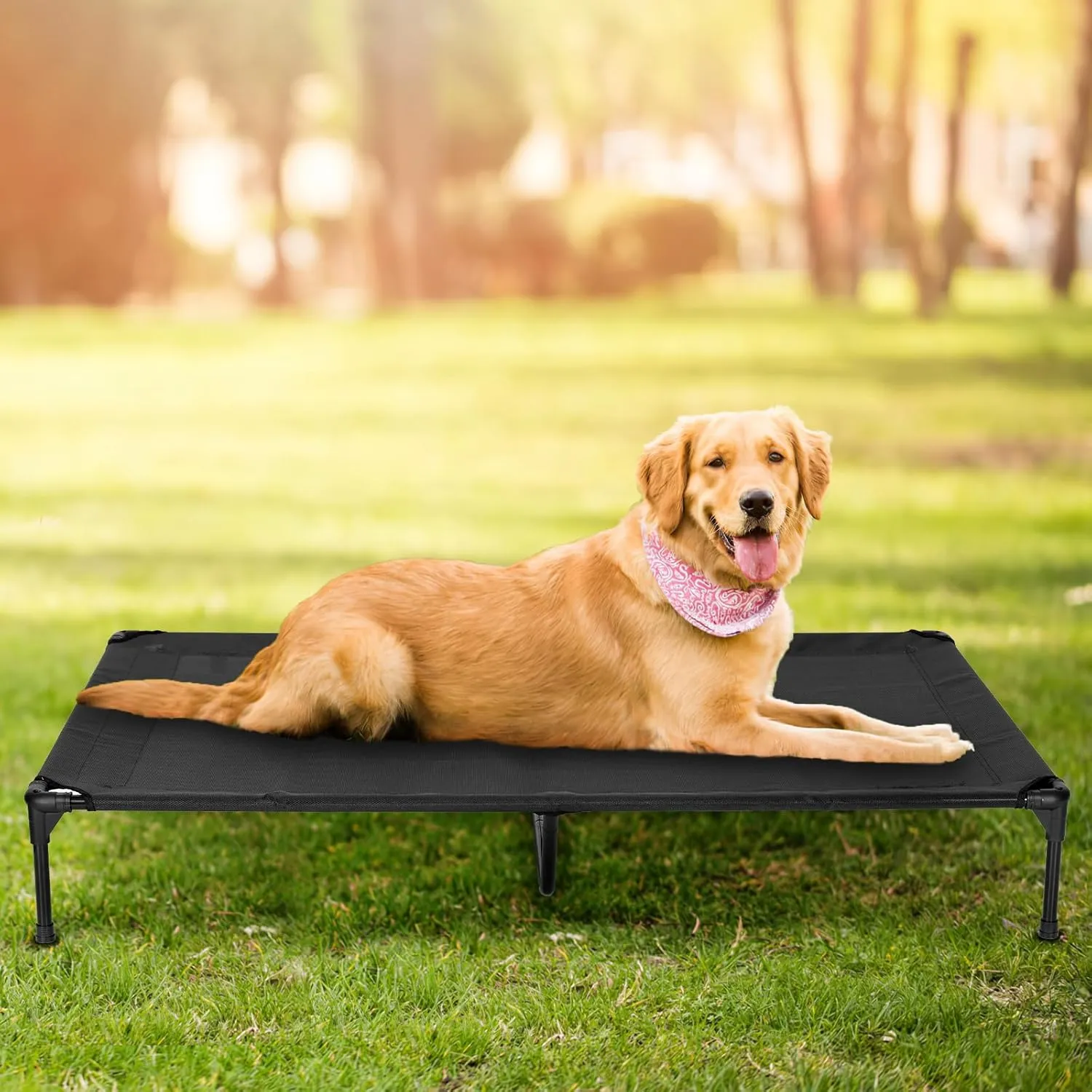Elevated Outdoor Dog Beds - Raised Dog Bed for Large Dogs, Waterproof Dog Cot Bed Easy to Assemble, Cooling Elevated Dog Bed with Breathable Teslin Mesh, Durable, Non Slip, Black, 42 inches