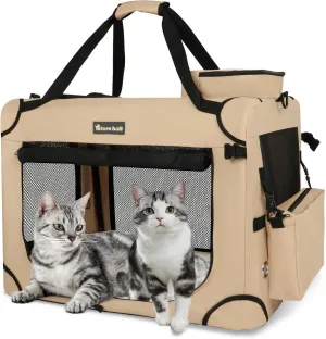 Extra Large Cat Carrier for 2 Cats Collapsible Soft Pet XL Crate for Large/Medium Cats 20lbs Car Travel Portable Bag with Water Bottle Slot For Long Trips (Beige, 24.0"L x 16.5"W x 16.5"H)