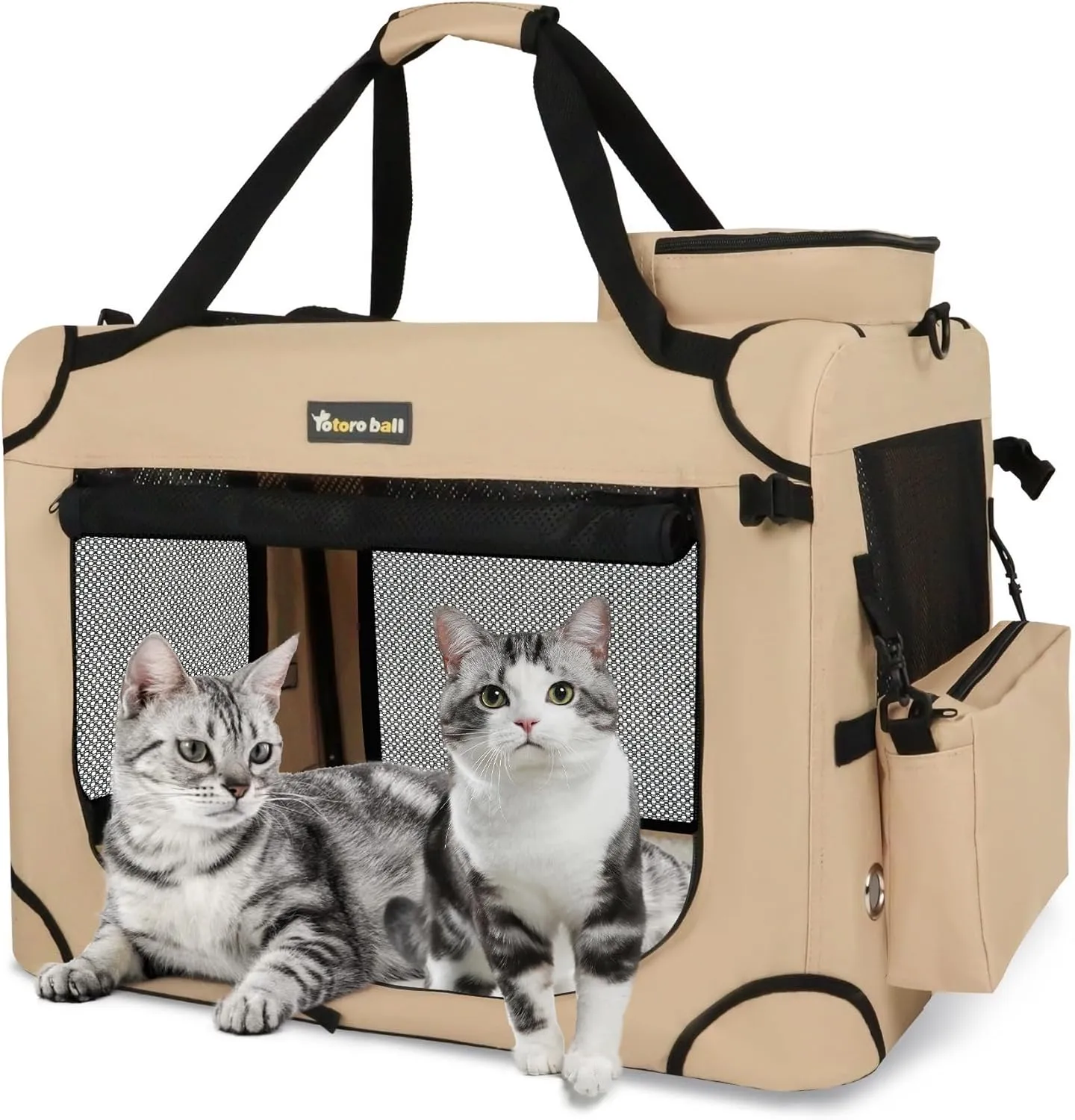 Extra Large Cat Carrier for 2 Cats Collapsible Soft Pet XL Crate for Large/Medium Cats 20lbs Car Travel Portable Bag with Water Bottle Slot For Long Trips (Beige, 24.0"L x 16.5"W x 16.5"H)