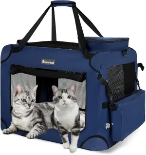 Extra Large Cat Carrier for 2 Cats Collapsible Soft Pet XL Crate for Large/Medium Cats 20lbs Car Travel Portable Bag with Water Bottle Slot For Long Trips (Blue, 24.0"L x 16.5"W x 16.5"H)