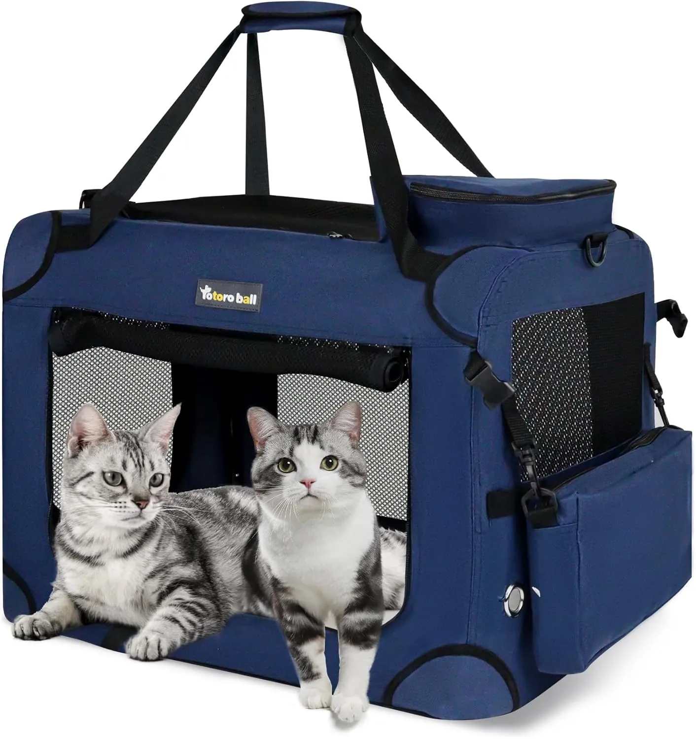 Extra Large Cat Carrier for 2 Cats Collapsible Soft Pet XL Crate for Large/Medium Cats 20lbs Car Travel Portable Bag with Water Bottle Slot For Long Trips (Blue, 24.0"L x 16.5"W x 16.5"H)