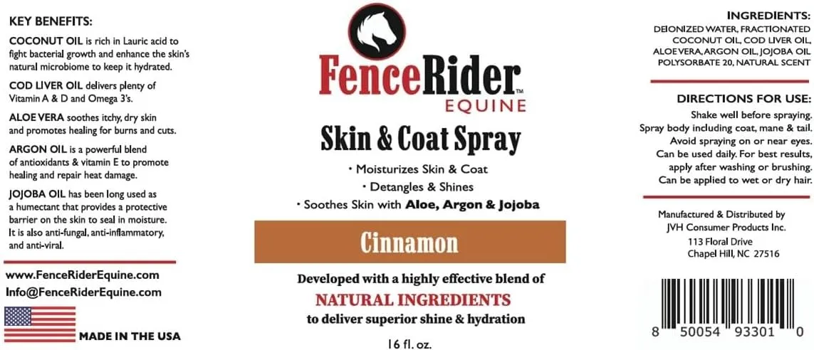 Fence Rider Skin & Coat Spray for Horses, Blend of Premium Natural Ingredients to Soothe Skin and Shine Coat, (Cinnamon Scent). with Gentle Spray-Mist Technology.