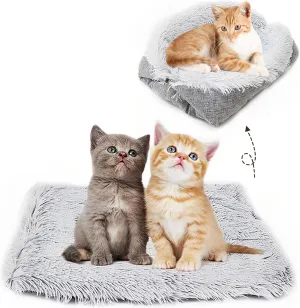 Fhiny Self Warming Cat Bed Mat, Furry Cat Pad for Indoor Cats 2 in 1 Machine Washable Soft Plush Autumn Winter Thermal Pet Bed Snooze Sleeping for Kittens Puppies Rabbits