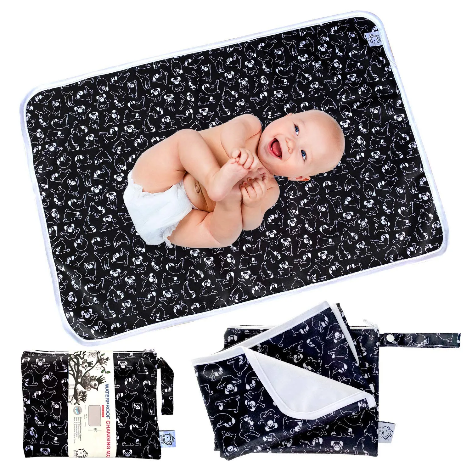 Flockthree Waterproof Baby Diper Changing Pad with Storage Bag (28.7" X 19.7") Washable Wipeable Reusable Leak Proof Diaper Travel Mat Station Changing Mattress Liner Cribs Bed Cover, Dogs