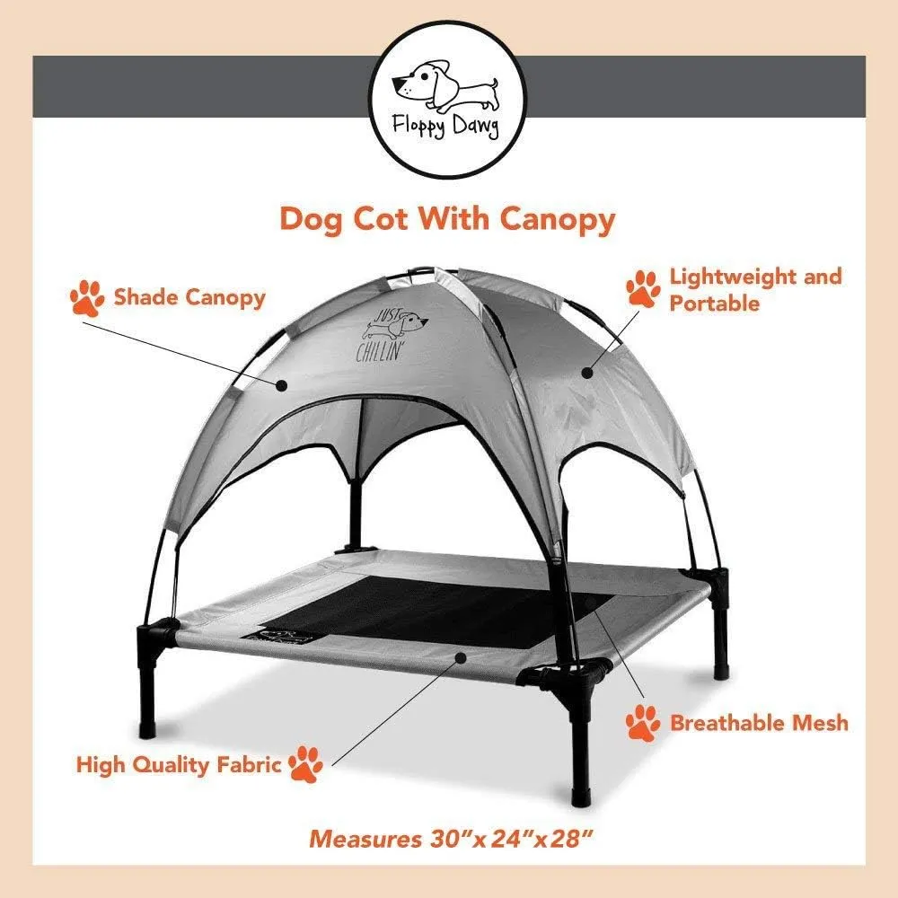 Floppy Dawg Just Chillin' Elevated Dog Bed. Cool Cot with Removable Canopy Shade. Indoor or Outdoor Pet Use. Lightweight and Portable. Chill in Style on Raised Breathable Mesh Fabric.
