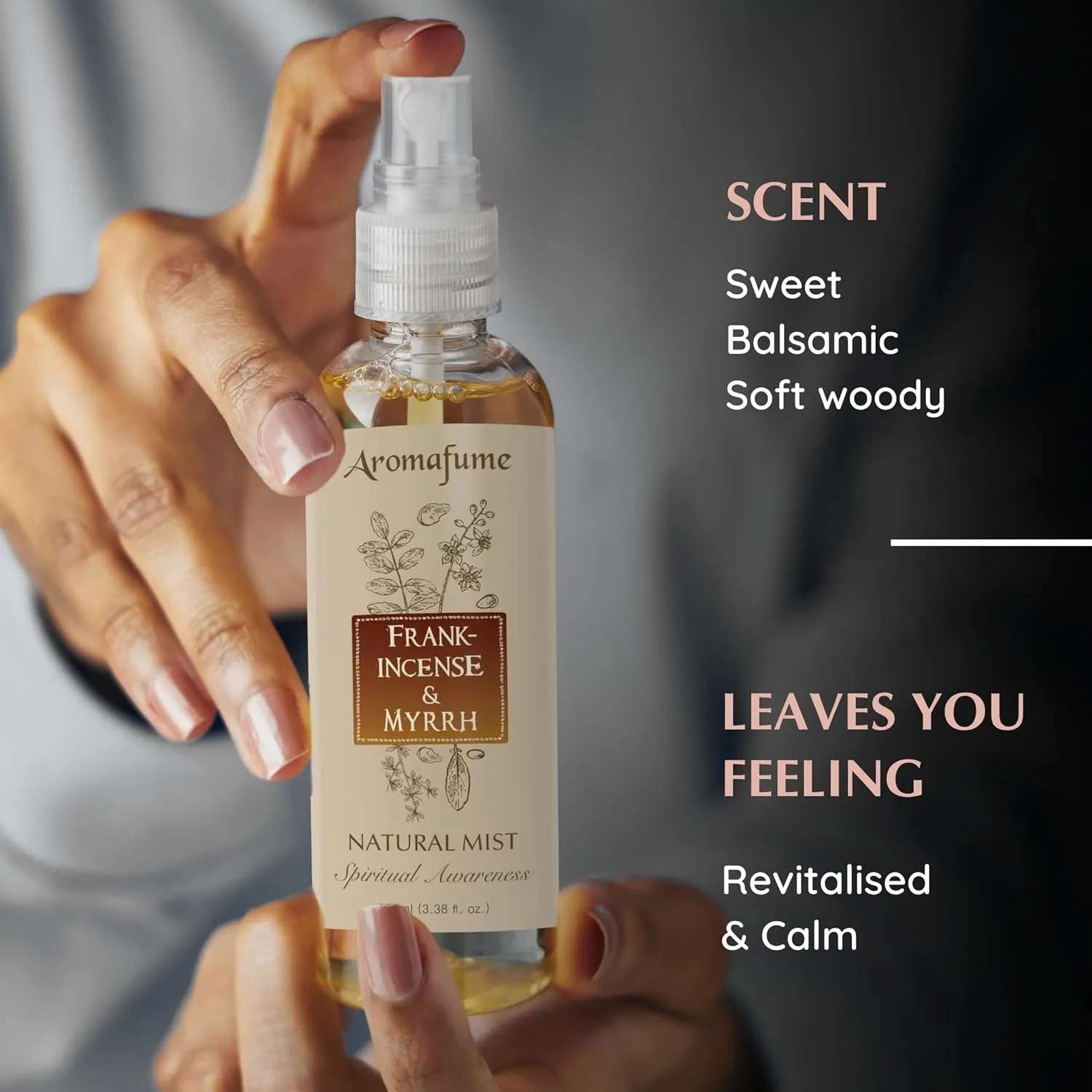 Frankincense & Myrrha Natural Resin Mist Spray by Aromafume | 100 ml / 3.3oz | Ideal for deep relaxation, spirituality & rituals | Made with Pure Resin from Somalia | Non-alcoholic, non-toxic & vegan