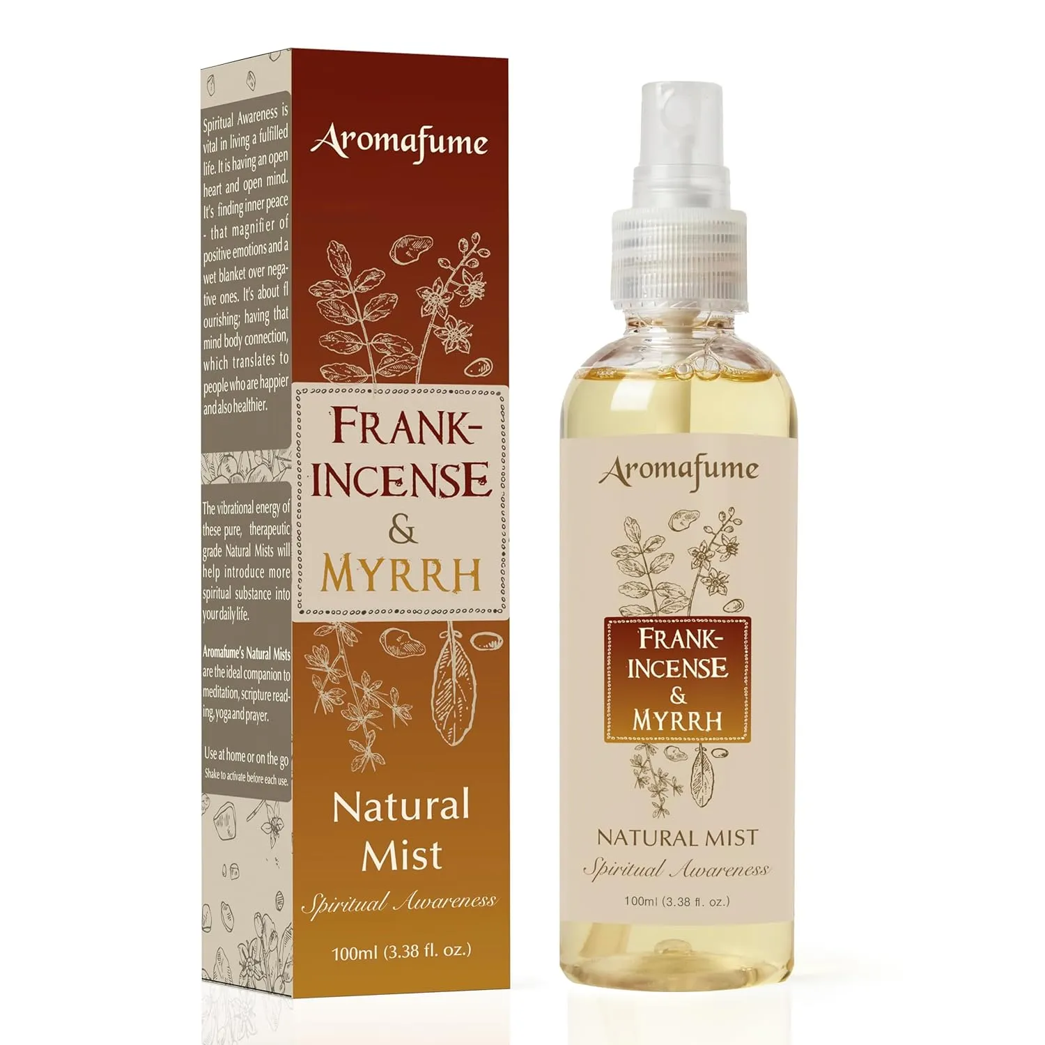 Frankincense & Myrrha Natural Resin Mist Spray by Aromafume | 100 ml / 3.3oz | Ideal for deep relaxation, spirituality & rituals | Made with Pure Resin from Somalia | Non-alcoholic, non-toxic & vegan