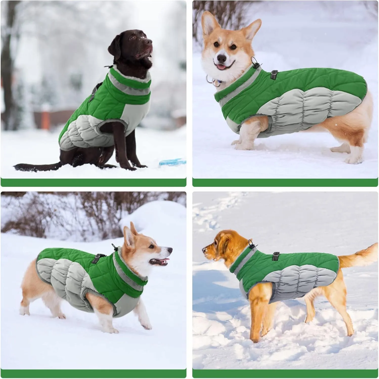 FUAMEY Dog Coat - Warm Winter Jacket with Padded Fleece, Reflective, Waterproof & Windproof, Built-in Harness, Green, Large