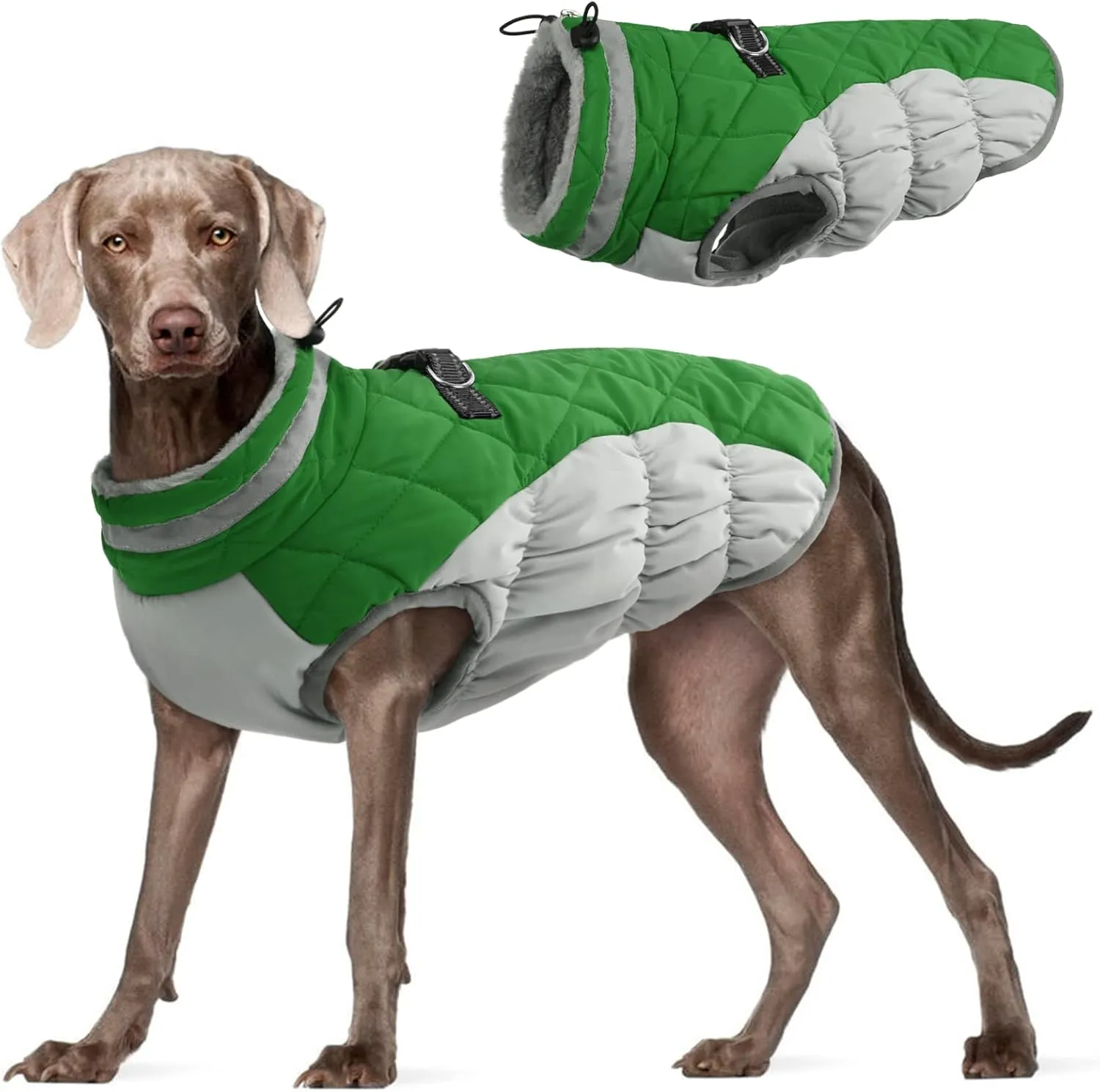 FUAMEY Dog Coat - Warm Winter Jacket with Padded Fleece, Reflective, Waterproof & Windproof, Built-in Harness, Green, Large
