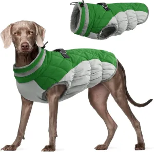 FUAMEY Dog Coat - Warm Winter Jacket with Padded Fleece, Reflective, Waterproof & Windproof, Built-in Harness, Green, Large