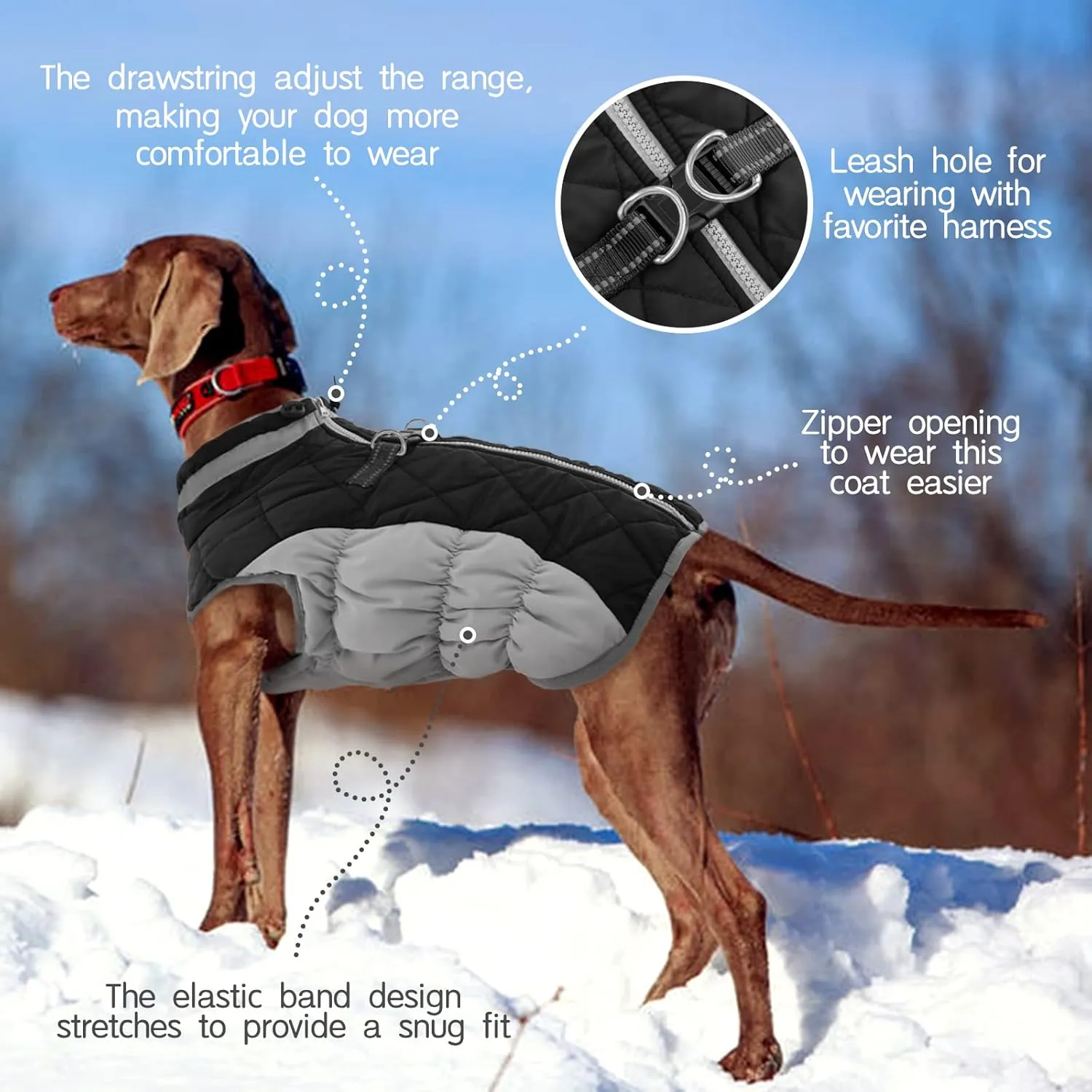 FUAMEY Dog Coat, Winter Jacket with Built-in Harness, Waterproof, Windproof, Reflective, Black, Large (Chest: 24in, Neck: 16in)