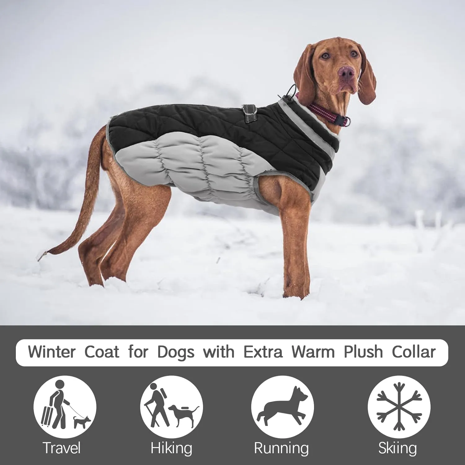 FUAMEY Dog Coat, Winter Jacket with Built-in Harness, Waterproof, Windproof, Reflective, Black, Large (Chest: 24in, Neck: 16in)