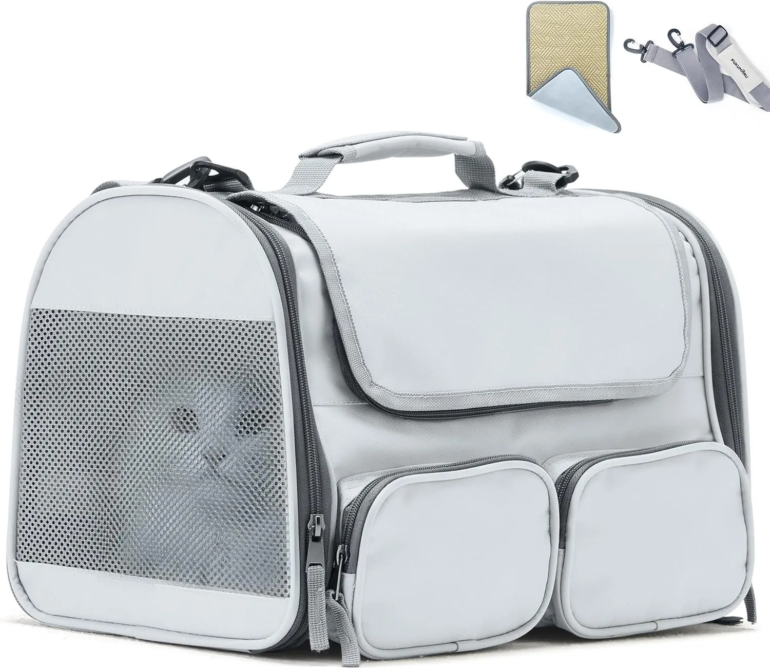 FUKUMARU Cat Carrier, Soft-Sided Pet Carriers for Small Dogs and Medium Cats Under 12lb, Travel Cat Bag with Double-Sided Cushion and 4 Storage Bags, Portable and WashableGrey S