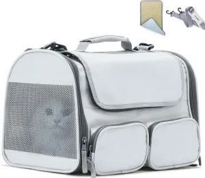 FUKUMARU Cat Carrier, Soft-Sided Pet Carriers for Small Dogs and Medium Cats Under 12lb, Travel Cat Bag with Double-Sided Cushion and 4 Storage Bags, Portable and WashableGrey S