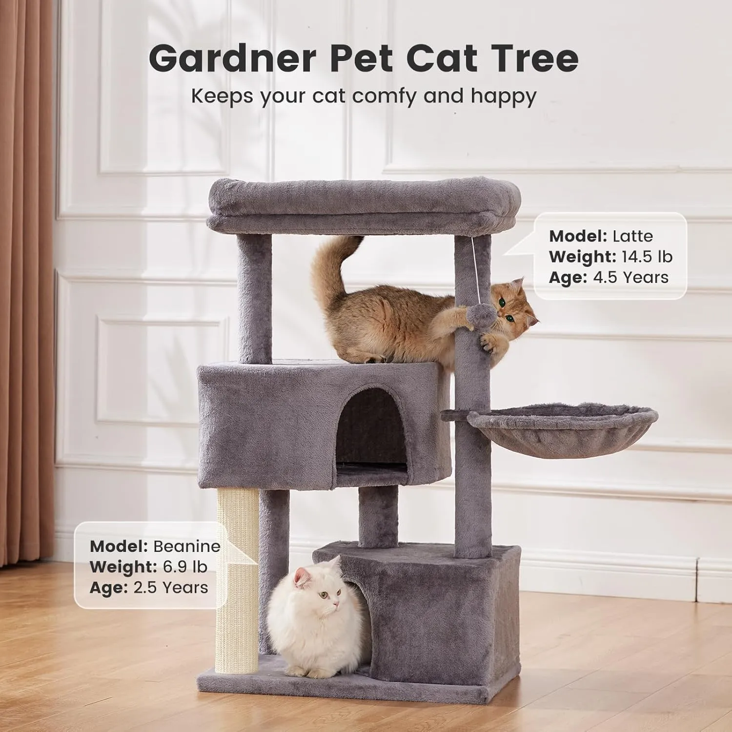 Gardner Pet 41" Tall Cat Tree for Large Cats, Heavy Duty Cat Tower with 3.2in Posts & Washable Top Perches, Space-Saving Cat Furniture with Replaceable Natural Sisal for Apartments, Easy to Assembly
