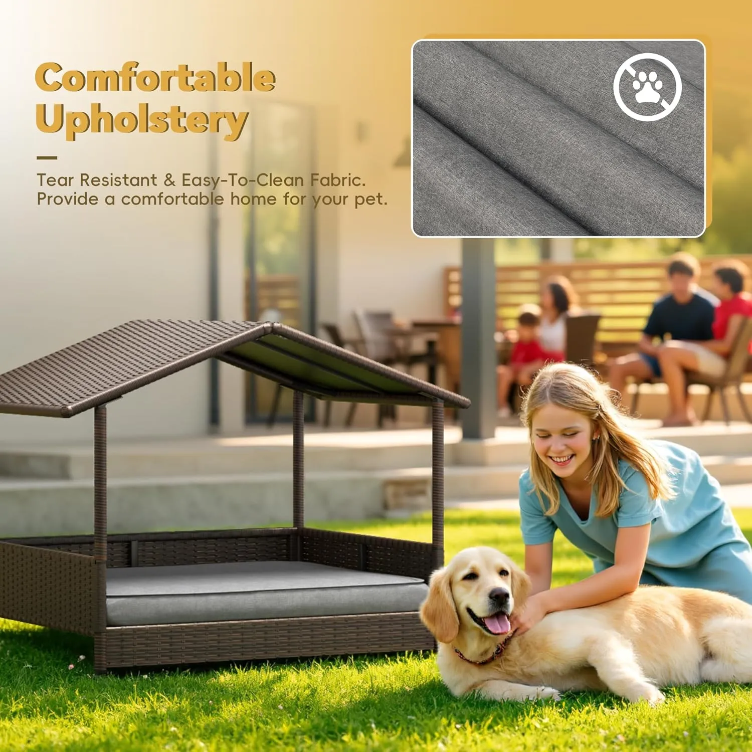 Greesum Wicker Dog House for Small/Medium Dogs, Outdoor Indoor Elevated Dog Shelter Dog Bed with Cushion, for Deck, Patio, Yard, Pool, Black House
