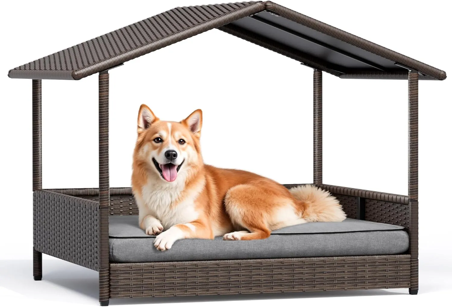 Greesum Wicker Dog House for Small/Medium Dogs, Outdoor Indoor Elevated Dog Shelter Dog Bed with Cushion, for Deck, Patio, Yard, Pool, Black House
