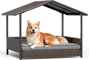 Greesum Wicker Dog House for Small/Medium Dogs, Outdoor Indoor Elevated Dog Shelter Dog Bed with Cushion, for Deck, Patio, Yard, Pool, Black House