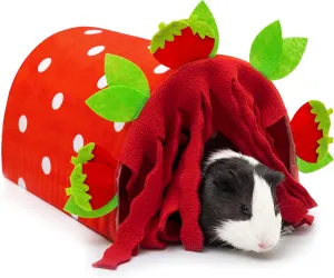 Guinea Pig Hideout - Soft Fleece Tunnel House for Rat Hamster Hedgehog Chinchilla Squirrel Samll Animals - Cute Strawberry Shapes Bedding Cage Accessories for Sleeping Rest Playing