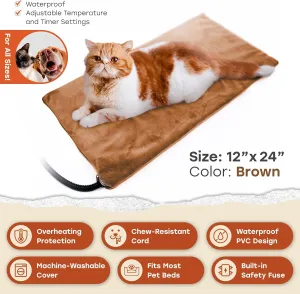 HeatTrak Pet Heating Pad | Temperature Regulated Dog Bed | Waterproof Electric Heated Mat for Dogs and Cats |Chew Resistant Cord and Safe Indoor Use | Brown | 12"x24"