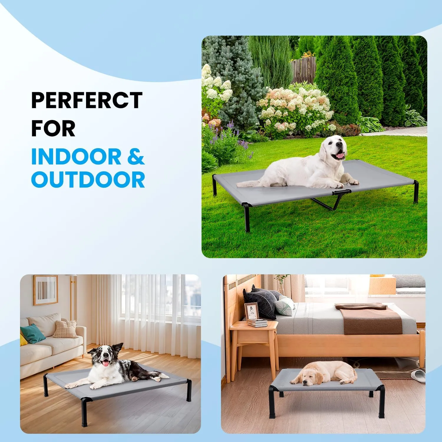 Heeyoo Elevated Dog Bed, Cooling Raised Pet Cot with Chew Proof Mesh Fabric and Steel Frame, Portable Dog Cot Bed with No-Slip Rubber Feet for Outdoor Indoor Use
