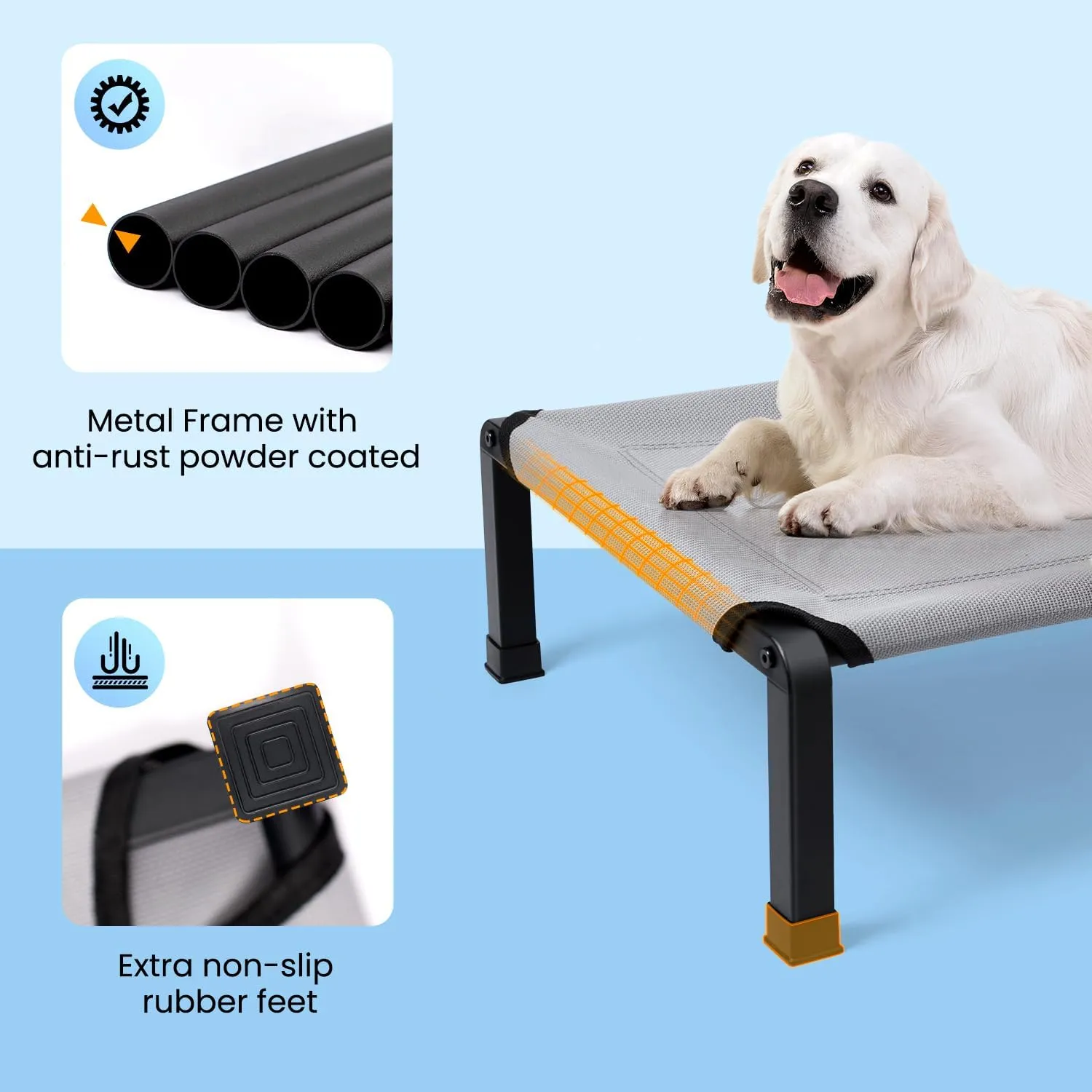 Heeyoo Elevated Dog Bed, Cooling Raised Pet Cot with Chew Proof Mesh Fabric and Steel Frame, Portable Dog Cot Bed with No-Slip Rubber Feet for Outdoor Indoor Use