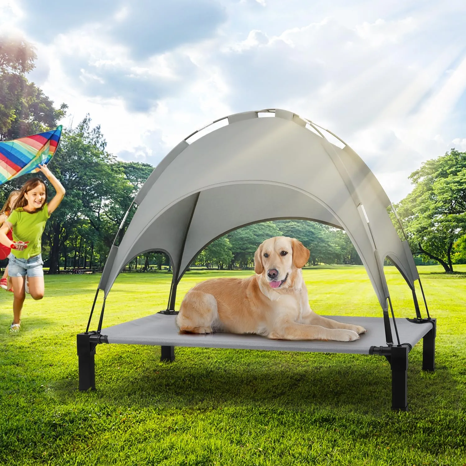 Heeyoo Elevated Dog Bed with Canopy, Outdoor Dog Bed Cot with Removable Shade Tent, Portable Raised Pet Cot Cooling Bed for Dogs and Cats, Grey