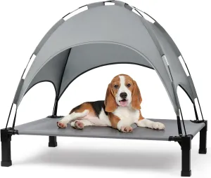 Heeyoo Elevated Dog Bed with Canopy, Outdoor Dog Bed Cot with Removable Shade Tent, Portable Raised Pet Cot Cooling Bed for Dogs and Cats, Grey