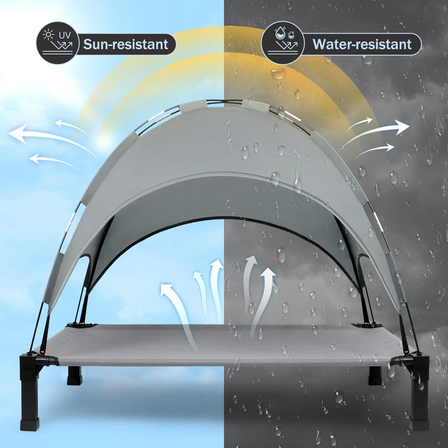 Heeyoo Elevated Dog Bed with Canopy, Outdoor Dog Bed Cot with Removable Shade Tent, Portable Raised Pet Cot Cooling Bed for Dogs and Cats, Grey