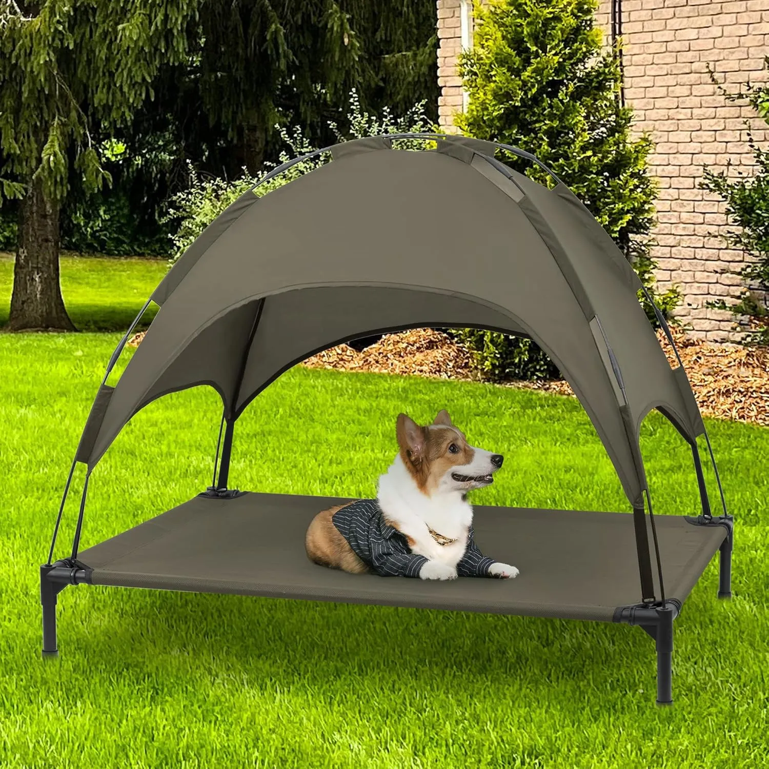 Heeyoo Elevated Dog Bed with Canopy, Outdoor Dog Cot with Removable Canopy Shade Tent, Portable Raised Pet Cot Cooling Bed for Dogs