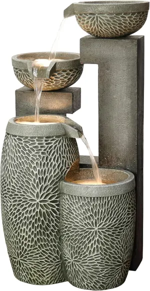 Hi-Line Gift Ltd. 4 Tiers Modern Cascading Water Fountain Outdoor with Warm White LEDs, Gray