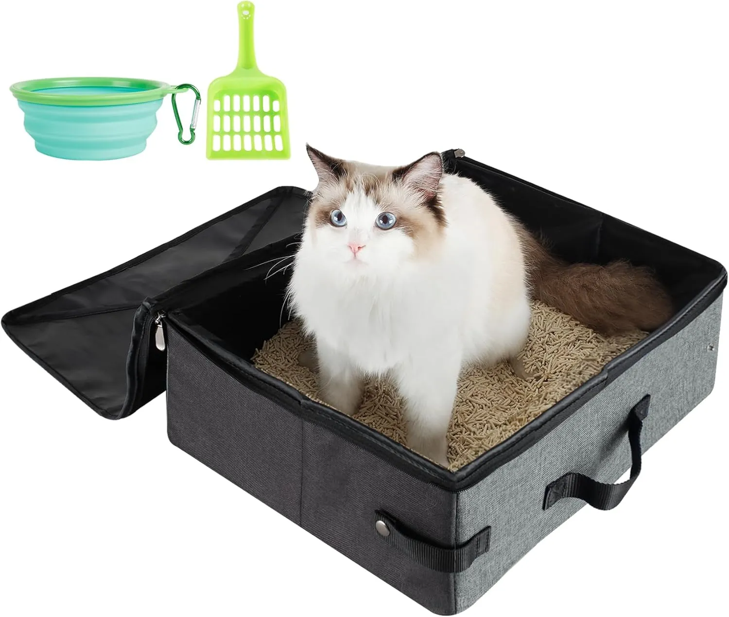 HiCaptain Travel Litter Box for Cat with Lid and Handle Standard Portable Collapsible Litter Carrier for Cat (L,Black/Gray)