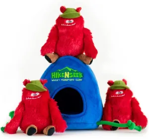 Hide and Seek Dog Toy - Durable, Squeaky, and Crinkly Fun Burrow | Interactive Plush Puzzle Challenge for All Dog Sizes | Monster Camping Adventure Theme