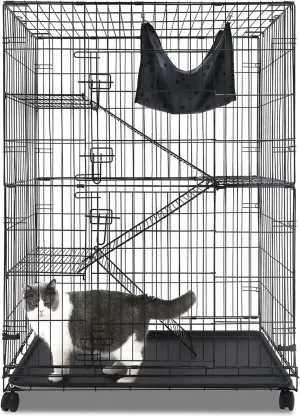 Homey Pet 50 Inch Cat Cages Indoor, Large 4-Tier Cat Crates for Indoor Cats, Collapsible Metal Wire Cat Kennel Big Multi-Level Cat Cage for Adult Cats Kitten Kitty with Hammock, Ramp, 360 Wheels
