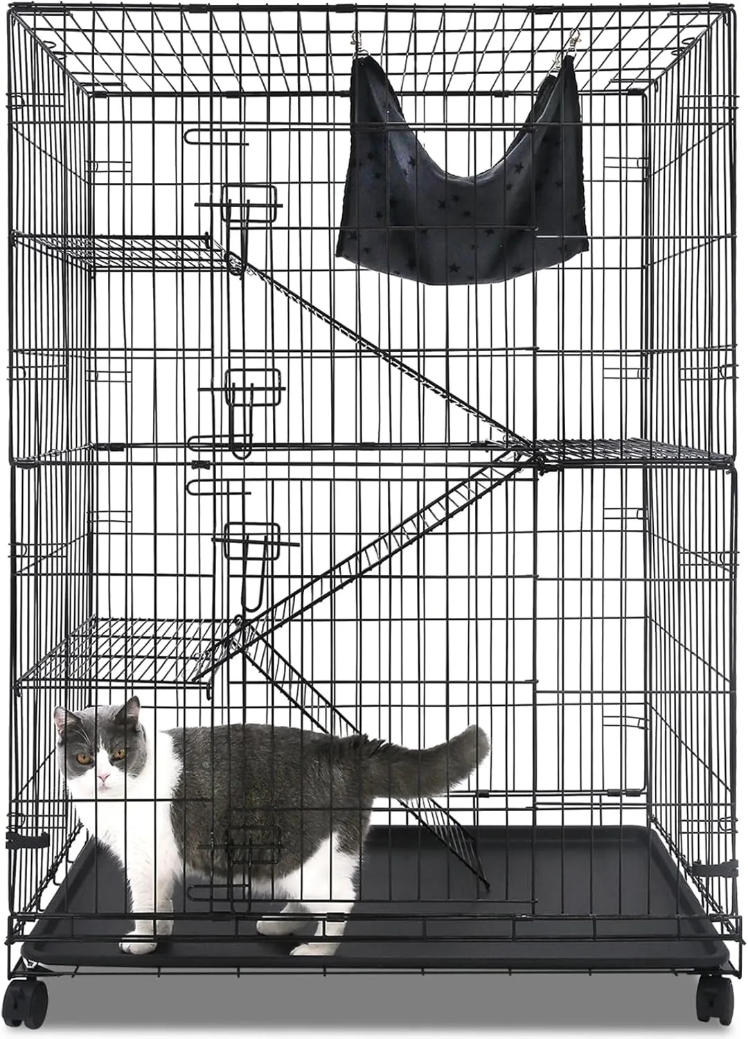 Homey Pet 50 Inch Cat Cages Indoor, Large 4-Tier Cat Crates for Indoor Cats, Collapsible Metal Wire Cat Kennel Big Multi-Level Cat Cage for Adult Cats Kitten Kitty with Hammock, Ramp, 360 Wheels