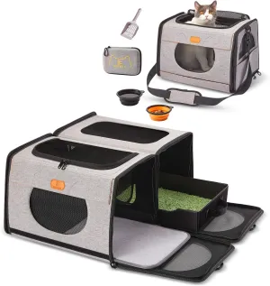 IC ICREATE.X Large Cat Carrier with Litter Box for Car Travel, Pet Carrier Bag 2-in-1Double Cat Travel Transport Carrier for Long Distance, Collapsible Dog Crate, Cat Bag for Kitten 2 Cats