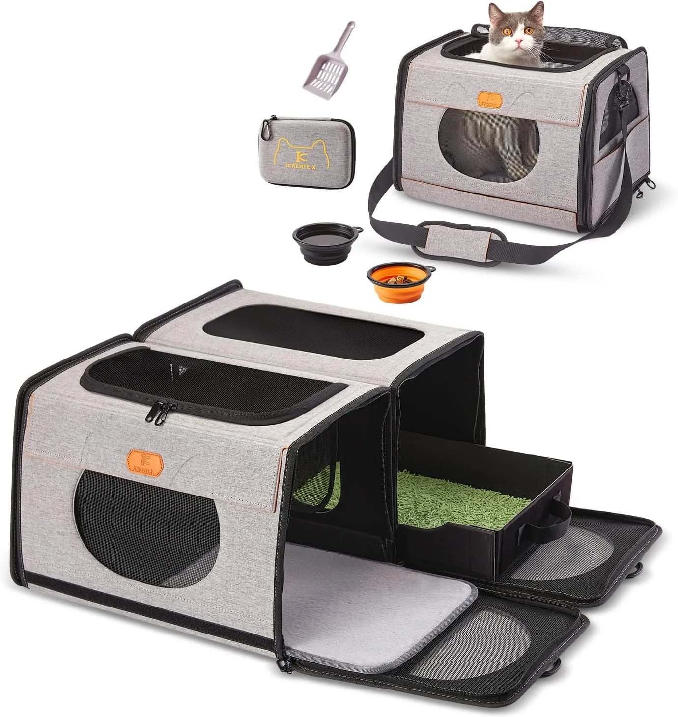 IC ICREATE.X Large Cat Carrier with Litter Box for Car Travel, Pet Carrier Bag 2-in-1Double Cat Travel Transport Carrier for Long Distance, Collapsible Dog Crate, Cat Bag for Kitten 2 Cats