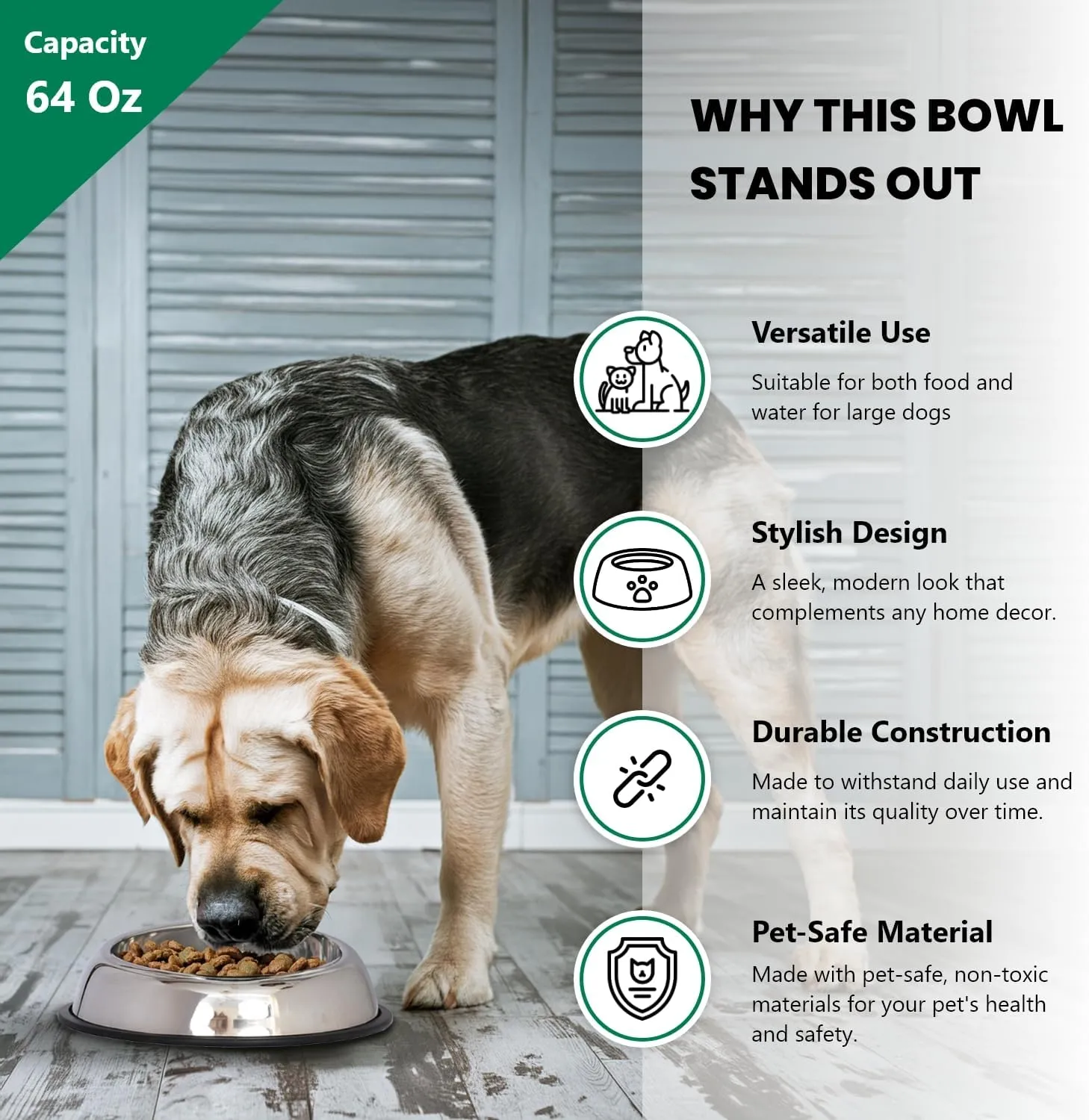 ICONIC PET 8 Cup/64 Oz Heavy Weight Non-Skid Stainless Steel High Back Pet Food/Water Bowls with Removable Anti Skid Rubber Ring - Dog/Cat Feeding Bowl in Unique Design, Dishwasher Safe